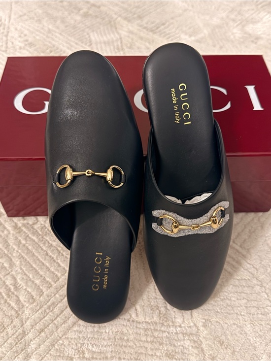 Gucci Shoes - Gucci Black Leather Horsebit Slip-On Mules with Gold Hardware